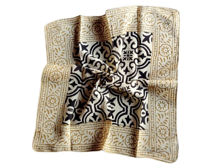 Bandana Scarf Handmade Block Print Gamayun Bandana in Cream,Pumpkin and Steel- Geometric Print Scarf,Handmade Organic Cotton Bandana/Scarves
