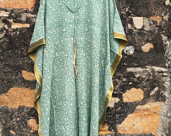 cotton free size kaftan.cotton golden Jari border women kaftan.long kaftan.green colour kaftan long beach wear kaftan