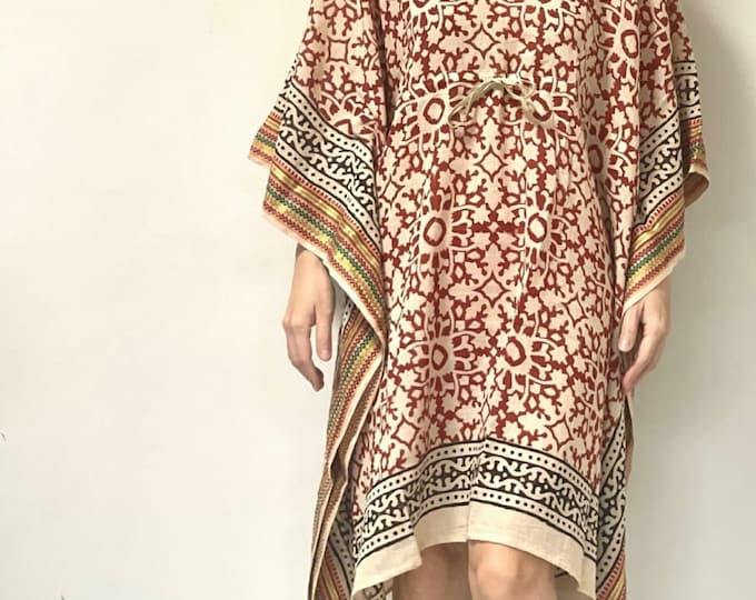 Indian Block Print Short Cotton Kaftan Night Wear Caftan Beach Cover up Bathrobe Women's Bohemian Dress For Beach Tunics Dress, Gift for her