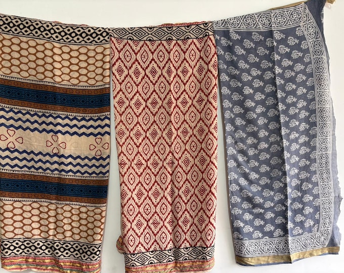 Set  of 3 pic cotton hand block print sarongs.block print sarongs.cotton beach wear dress.jari border sarongs.