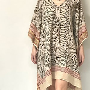 Cotton Hand Block Print Short Kaftan Dress for Women, Black Indian Block Print Kaftan, Beach Cover Up, Breathable Cotton Caftan/Kimono Dress