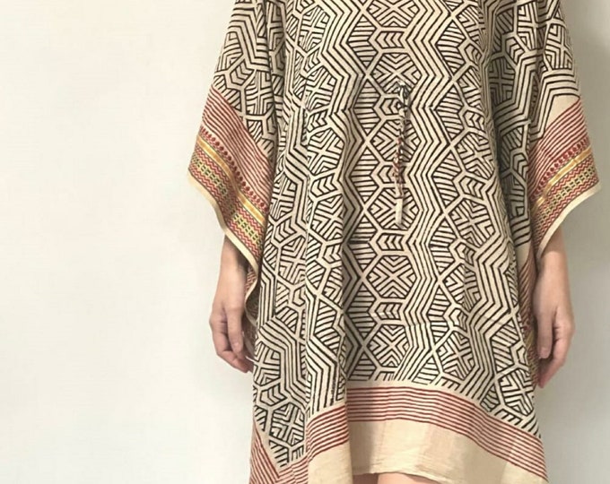 Cotton Hand Block Print Short Kaftan Dress for Women, Black Indian Block Print Kaftan, Beach Cover Up, Breathable Cotton Caftan/Kimono Dress