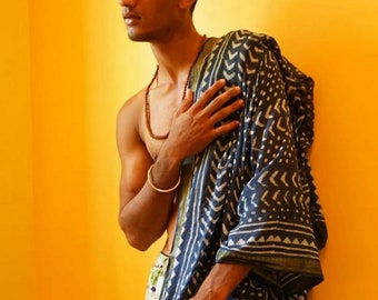 Hand Block Print Cotton Sarong with Golden Zari Border