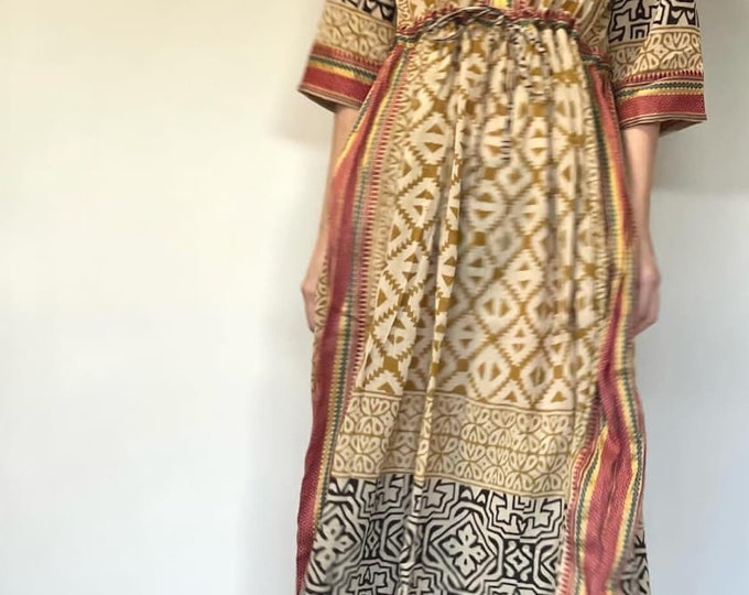 Hand Block Print Long Kaftan Zari Border Cotton Maxi Dress | V-Neck Sundress for Women | Maxi Dress with Slit | Green Beach Dress for Her