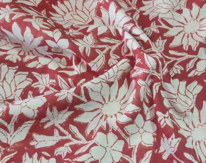 Red & White Indian Floral Hand Block Printed Fabric, 100% Pure Cotton Cloth, Fabric By Yard, Modern Home Decor, Indian Fabric, Sewing Fabric