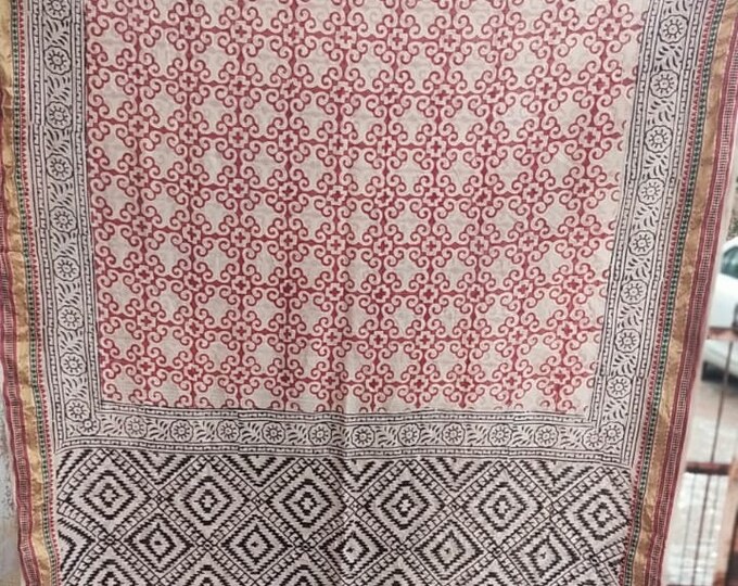 Large Hand Block Printed Zari Organic Cotton Sarong, Beach Wrap Pareo, Long Scarf Cover up Shawl, Soft Fabric, Fashion Shawl Beach Sarong