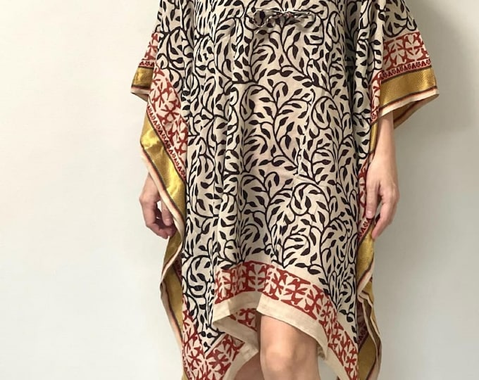 Indian Block Print Short Cotton Kaftan, Black Night Wear Caftan, Beach Cover up Bathrobe Women's Bohemian Dress For Beach Tunics Dresses