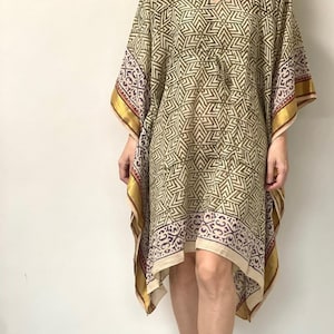Indian Bagru Printed Cotton Short Kaftan with Zari Border, Cotton Women Dress, Beach Wear Bikini Cover Up, Boho Cotton Caftan, Gift For Her