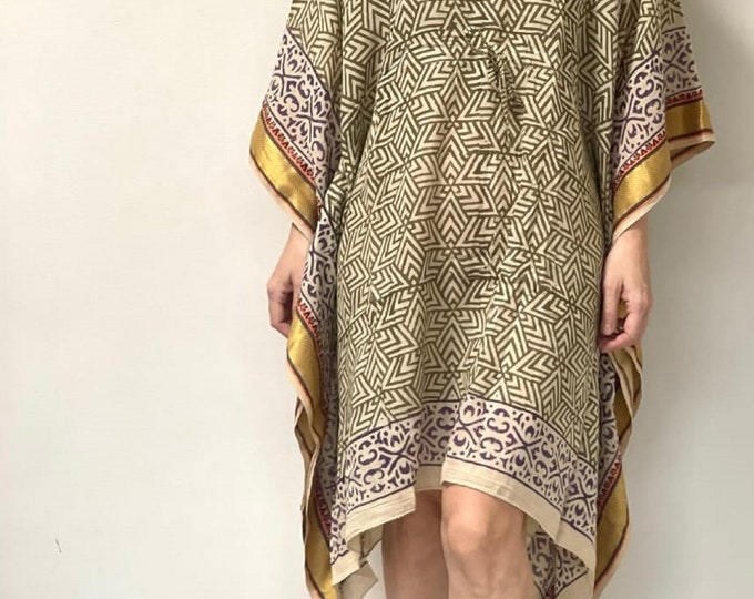 Indian Bagru Printed Cotton Short Kaftan with Zari Border, Cotton Women Dress, Beach Wear Bikini Cover Up, Boho Cotton Caftan, Gift For Her