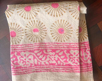 Hand Block Printed Cotton Sarong: Pink Sunburst & Floral Border Beach Wrap