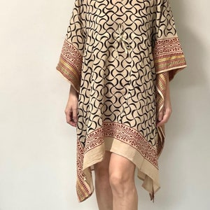 Cotton Hand Block Short Kaftan Dress for Women, Indian Hand Block Night Gown, Beach Cover Up, Breathable Cotton Caftan/Kimono Dress