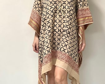 Beautiful Cotton Handmade Short Kaftan Dress for Women, Indian Hand Block Night Gown, Beach Cover Up, Breathable Cotton Caftan/Kimono Dress
