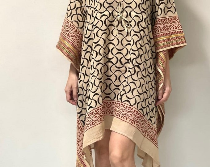 Cotton Hand Block Short Kaftan Dress for Women, Indian Hand Block Night Gown, Beach Cover Up, Breathable Cotton Caftan/Kimono Dress