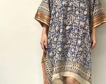 Indian Block Print Short Cotton Kaftan, Night Wear Caftan, Beach Cover up Bathrobe Women's Bohemian Dress For Beach Tunics Dresses