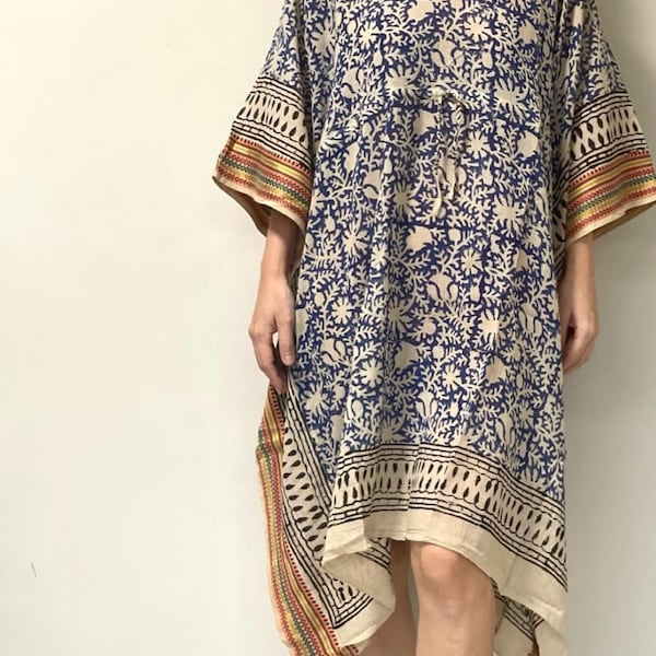 Indiase blokprint korte katoenen kaftan, nachtkleding kaftan, strand bedekkende badjas Dames Boho-jurk voor strandtunieken Jurken