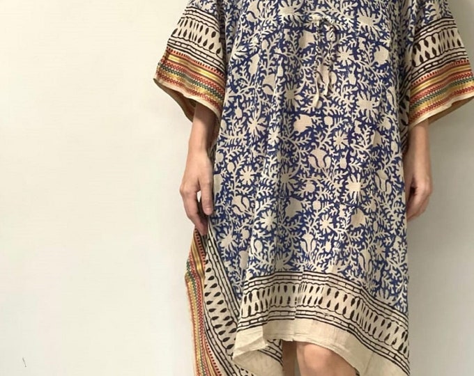 Indian Block Print Short Cotton Kaftan, Night Wear Caftan, Beach Cover up Bathrobe Women's Bohemian Dress For Beach Tunics Dresses