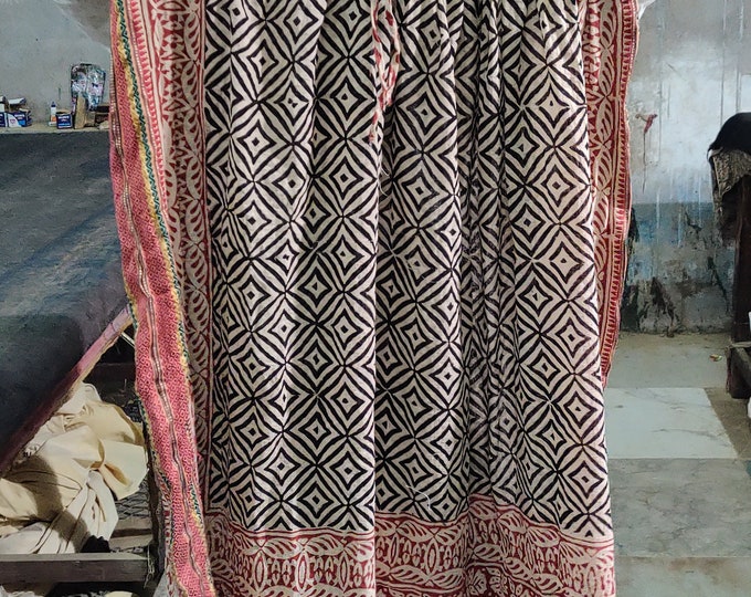 Black Jaipur Hand Block Geometric Printed Cotton Long Maxi Dress - Zari Border with V Neck Cotton Maxi Dress - Half Sleeve with Button Dress