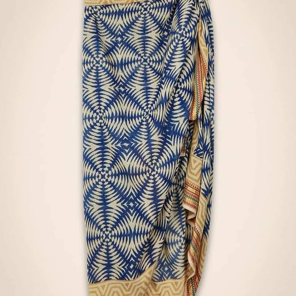 Blauer Seiden-Zari-goldener Rand-Handblock gedruckter Sarong für Frauen-Baumwollpareo-Strand-Vertus-Schwimmen-Abnutzungs-Pariyo-Party-Abnutzungs-Schal, Geschenk für sie