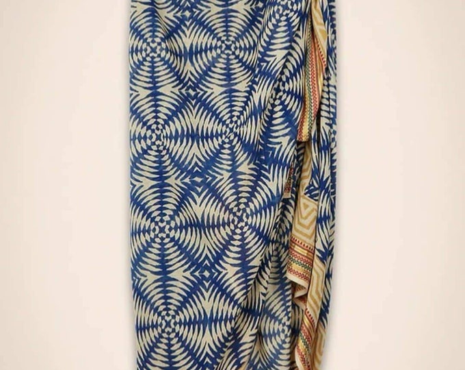 Blue Silk Zari Golden Border Hand Block Printed Sarong for Women Cotton Pareo Beach Cover Up Swim Wear Pariyo Party Wear Scarf, Gift for Her