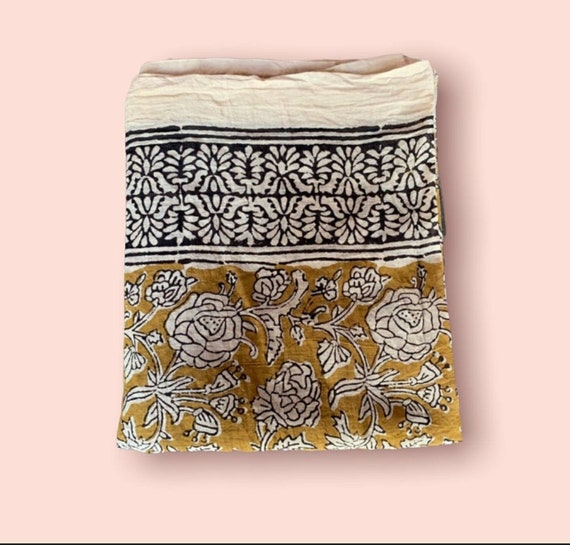 Mustard Floral Cotton Sarong, Hand Block Print Scarf, Beach Wrap
