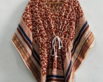 Hand Block Print Cotton Kaftan Dress: Short Summer Tunic, 35" Length