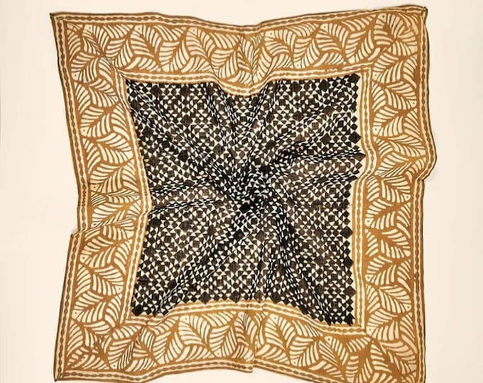 Handmade Golden Border Bandana Scarf, Hand-Stamped Cotton Bandana – Unveiling Artistic Patterns for Distinctive Style, Gift for Valentine