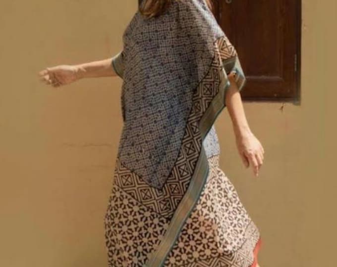 Women's Summer Cotton Short Kaftan with Indian Block Print & Handmade Silk Jari Border - Kimono-Style Beach Cover-Up Dress for Her