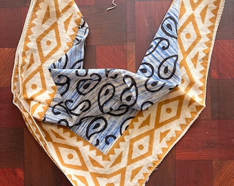 Hand Block Printed Cotton Sarong: Blue Paisley, Geometric Border Beach Wrap