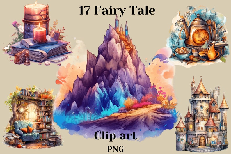 Watercolor Fairy Tale Clipart Bundle, Fantasy House, Castle, Forest ...