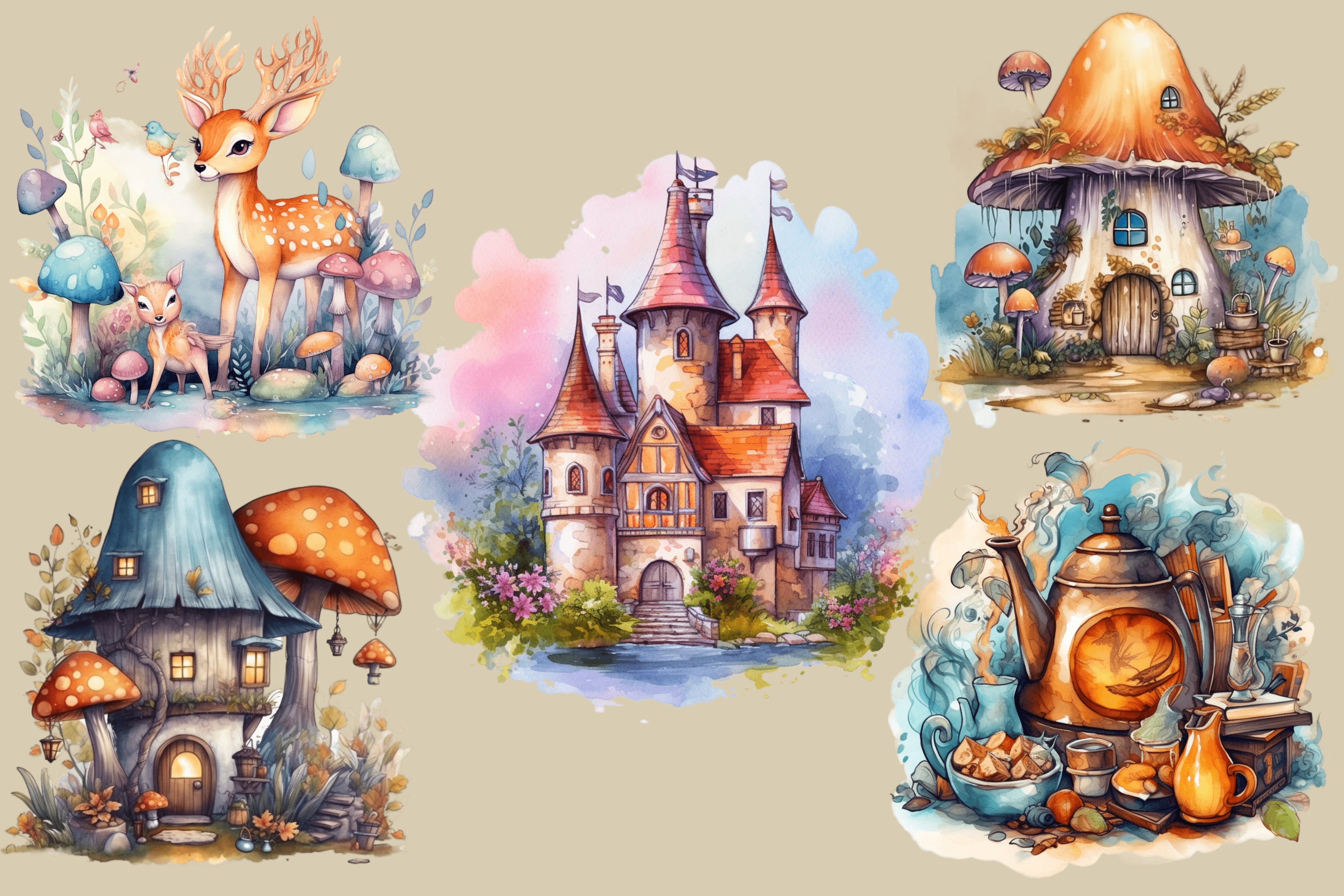 Watercolor Fairy Tale Clipart Bundle, Fantasy House, Castle, Forest ...