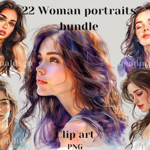 Pacchetto clipart di ritratti di bellezza donna acquerello, png estetico donna, ritratto di donna, colorato, pacchetto clipart dettagliato