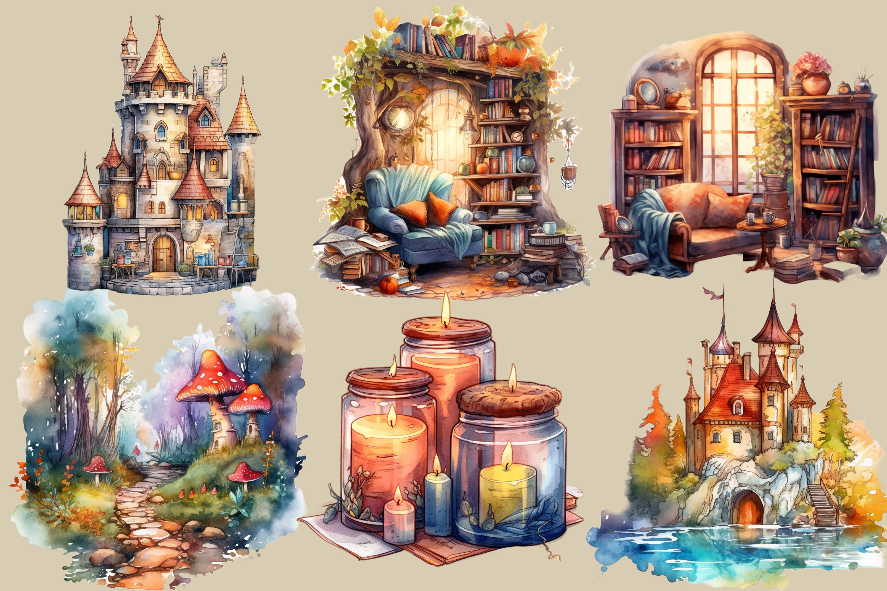Watercolor Fairy Tale Clipart Bundle, Fantasy House, Castle, Forest ...
