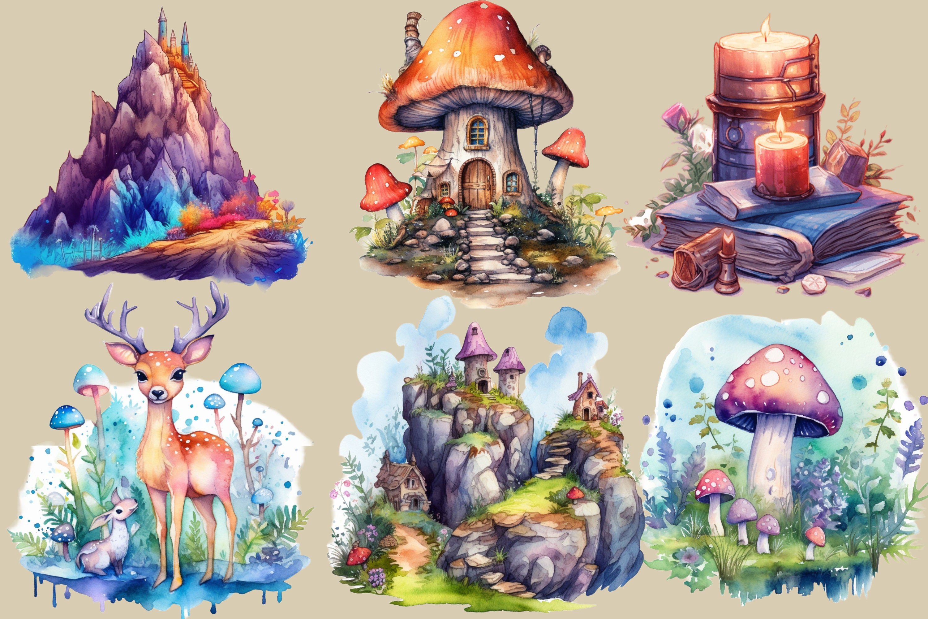 Watercolor Fairy Tale Clipart Bundle, Fantasy House, Castle, Forest ...