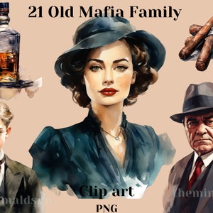 Old mafia family Watercolor clipart bundle, House, Boy, Boss, Man, Dog, Car, Horse, Woman, Whiskey Aesthetic png, Clipart bundle, Exterior,
