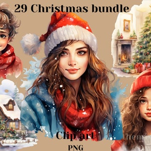 Kersttijd aquarel clipart bundel, huis, jongen, interieur, hond, meisje, kerstman, vrouw esthetische png, clipart bundel, buitenkant, wintertijd