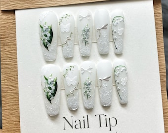 White lily of the valley Press On Nails | Floral Fake Nails | white flower press on nails | y2k glue on nails | princess nails | fake nails