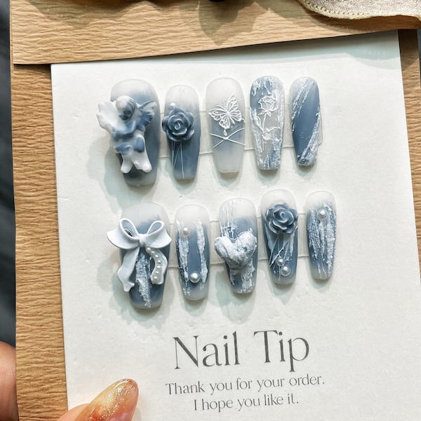 Angel press on nails | blue press on nails | butterfly fake nails | long coffin nails | y2k glue on nails | 3d love fake tips | nails art