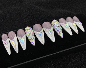 Glitter Rhinestone Press on Nails  | Luxury Stiletto | Bling nails | French Nails | Crystal Detailed Diamonds Press on nails | Festive Nails