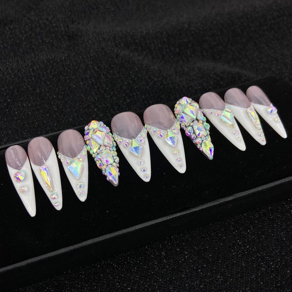 Glitter Rhinestone Press on Nails  | Luxury Stiletto | Bling nails | French Nails | Crystal Detailed Diamonds Press on nails | Festive Nails