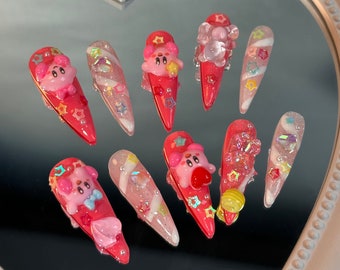 Kawaii kirby glue on nails l pink press on nails l y2k fake nails l handmade nails press on l long stiletto nails l fun nails l nails art