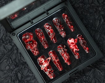 Halloween Bloody Press On Nails | Horror Make up False Nails | skeleton press on nails | Blood Splatter Nails | Long Coffin | Spooky Nails