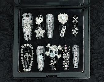 Skeleton press on nails | Black Press On Nails | Japanese hand-painted nails | y2k press on nails | punk nails | long Coffin nails