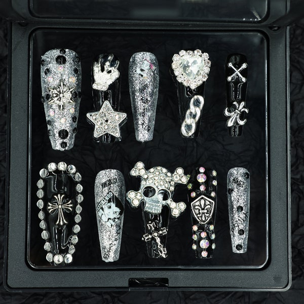 Skeleton press on nails | Black Press On Nails | Japanese hand-painted nails | y2k press on nails | punk nails | long Coffin nails