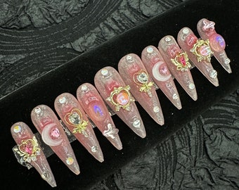 Bling Drill Nails l Sailor Moon nails l Pink Press On Nails l y2k press on nails l Hollowed out heart drill fake nails l princess nails