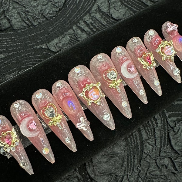 Bling Drill Nails l Sailor Moon nails l Pink Press On Nails l y2k press on nails l Hollowed out heart drill fake nails l princess nails