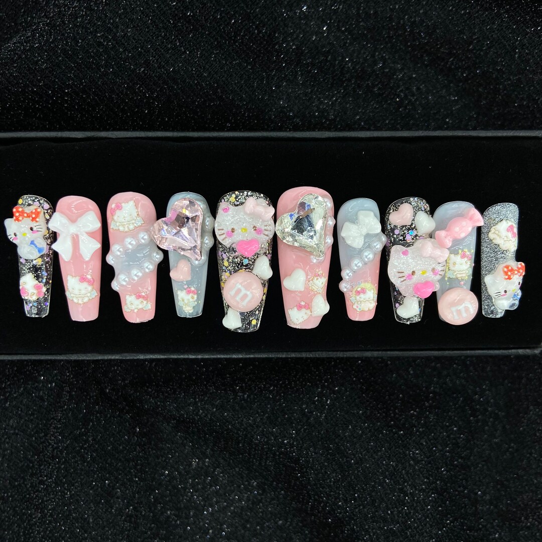 Pink Kawaii Kitty Press on Nails Luxury Y2k Pastel Reusable Handmade ...