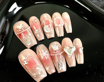 Light pink press on nails | cute butterfly glue on nails | y2k press on nails | handmade nails press on | fun nails | princess nails