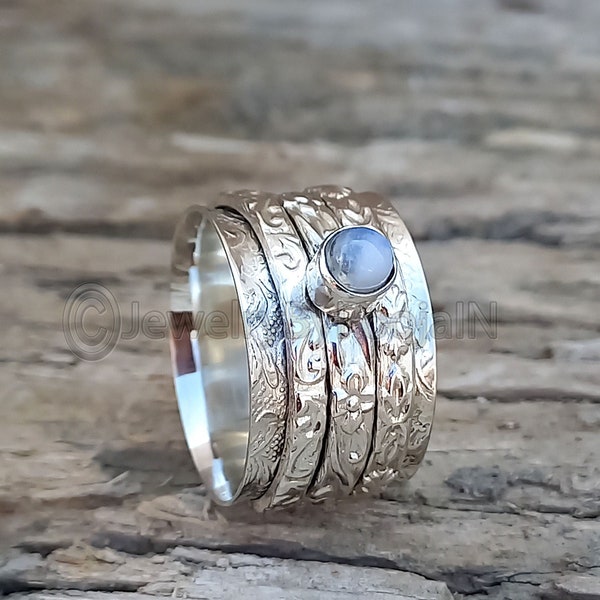 Spinner Ring, Silver Moonstone Ring for Women, Meditation Ring, Spinning Fidget Ring, Worry Wide band, Gemstone Ring with stone, Promise