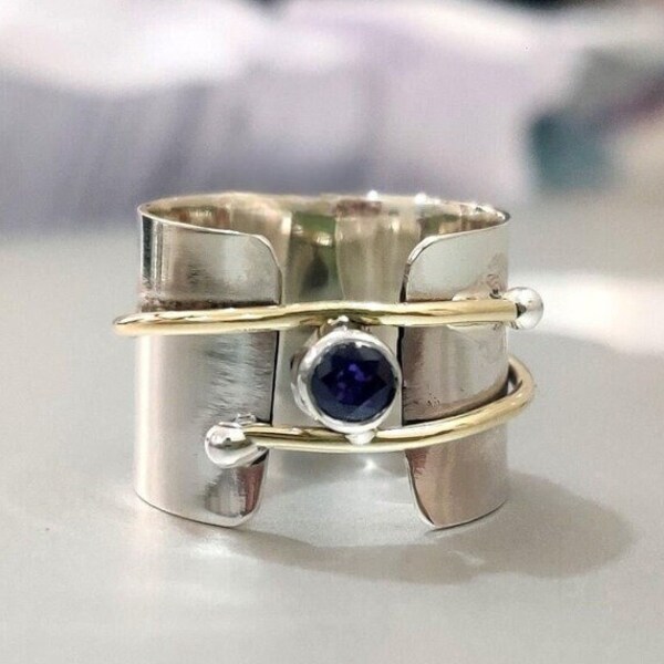 Natural Blue Sapphire Spinner Ring, Handmade Spinner Ring, Spinner Silver Ring, Fidget Spin Ring, 925 Sterling Silver Ring, Promise Day Gift