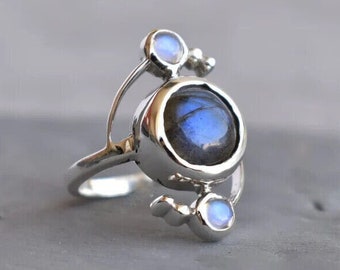 Natural Labradorite Ring, 925 Silver Ring, Handmade Ring, Delicate Ring, Boho Ring, Minimalist Rings, Moonstone Silver Ring, Promise Gift